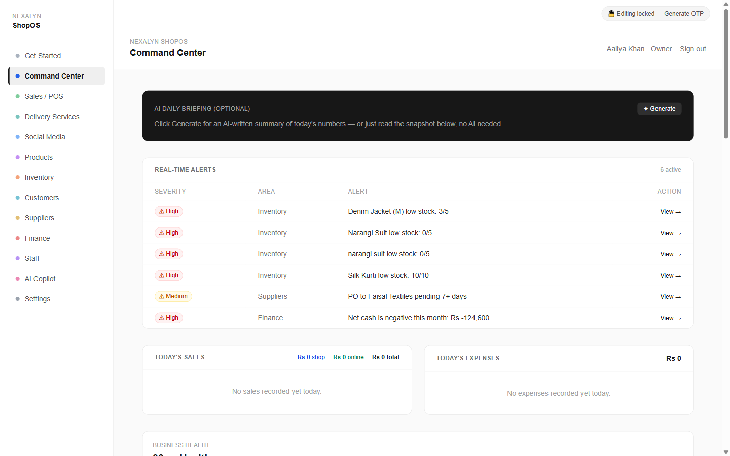 ShopOS Command Center showing live alerts and business health